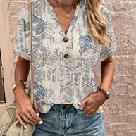 Damen Kurzarm Bluse mit dekorativem Musterdruck und knöpfbarem Ausschnitt WW