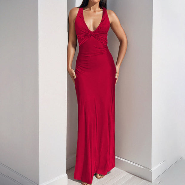Damen Elegantes Maxikleid mit tiefem V-Ausschnitt und Raffung WW