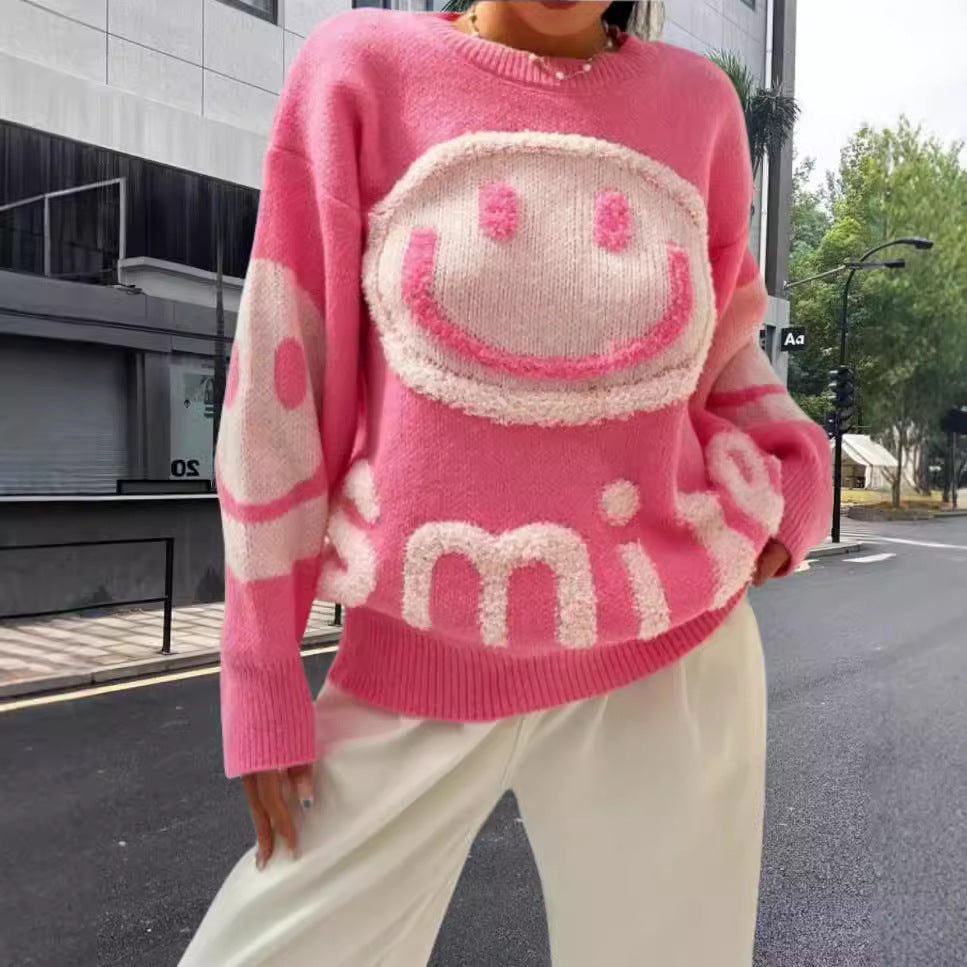 Damen Strickpullover mit fröhlichem Emoji-Motiv und komfortablem Schnitt WW