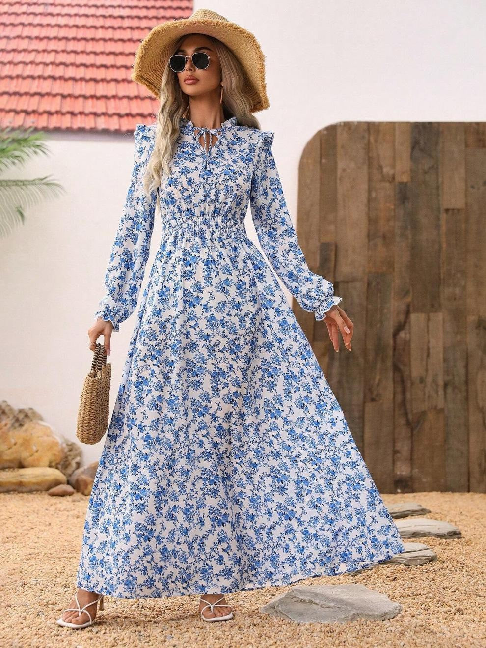 W&W Mode | Floral Lange Ärmel Elegantes Frauen Lang Kleid