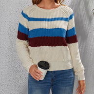 Damen Baumwollpullover mit modernen Blockstreifen und Rundhalsausschnitt WW