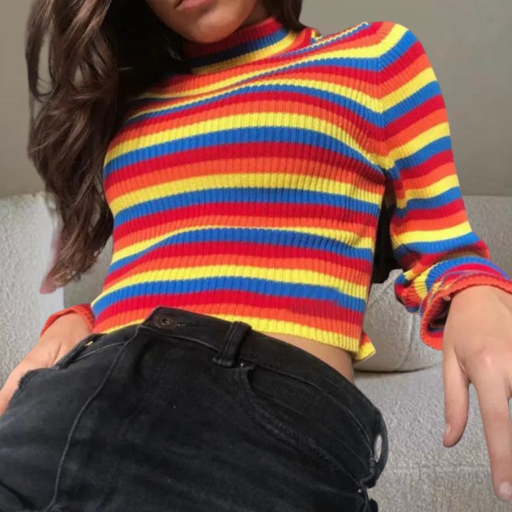 Damen Stylishes Crop-Top mit Rollkragen und buntem Streifenmuster W&W Mode
