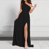 Damen Elegantes One-Shoulder Maxi-Kleid mit hohem Schlitz und fließendem Schnitt WW
