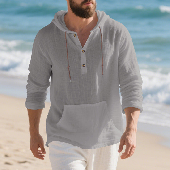 Herren nan leichtes Kapuzen-Henley aus Leinen-Baumwollmix mit Kängurutasche und Knopfleiste W&W Mode