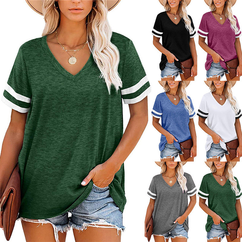 Damen V-Ausschnitt T-Shirt mit sportlichem Streifenmuster und lockerem Schnitt WW