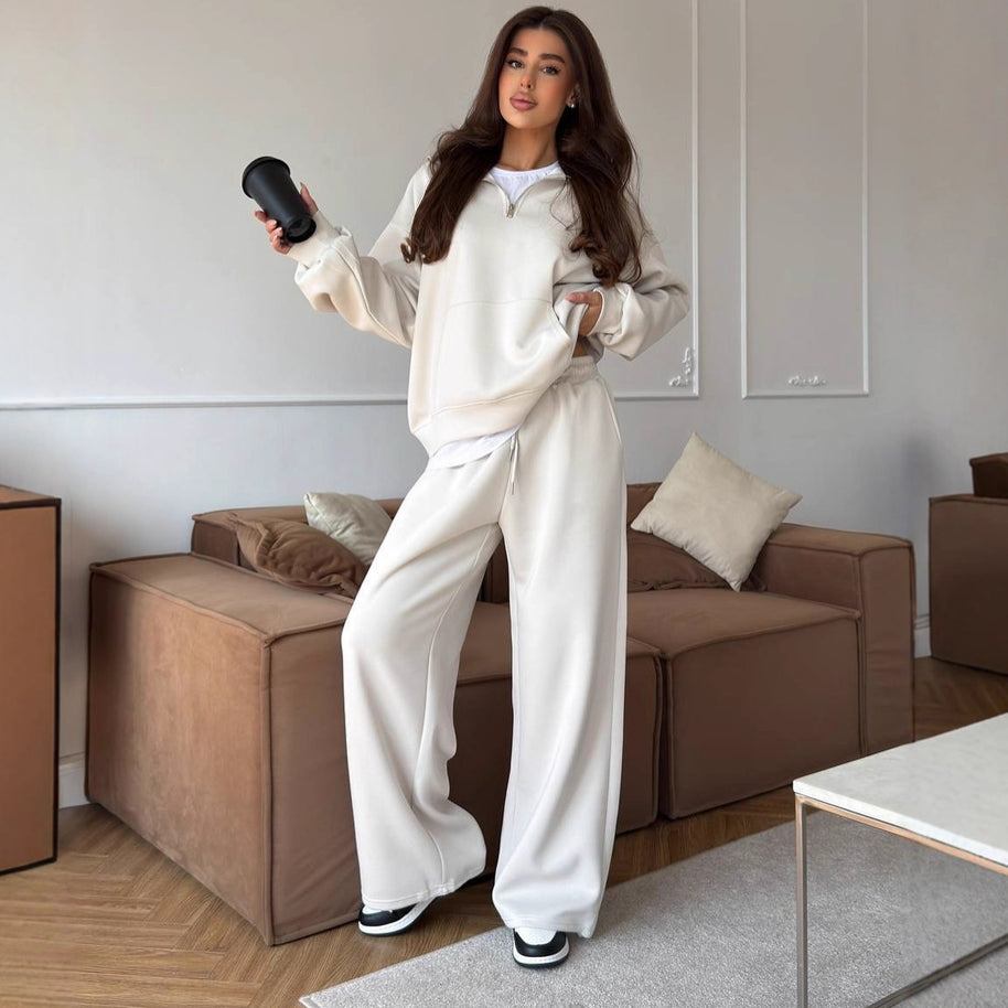 Damen bequemer und stylischer Fleece-Pullover mit halbem Reißverschluss und weiten Hosen WW