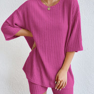 Damen komfortables Kurzarm Set mit Rippstrick und relaxed Schnitt WW