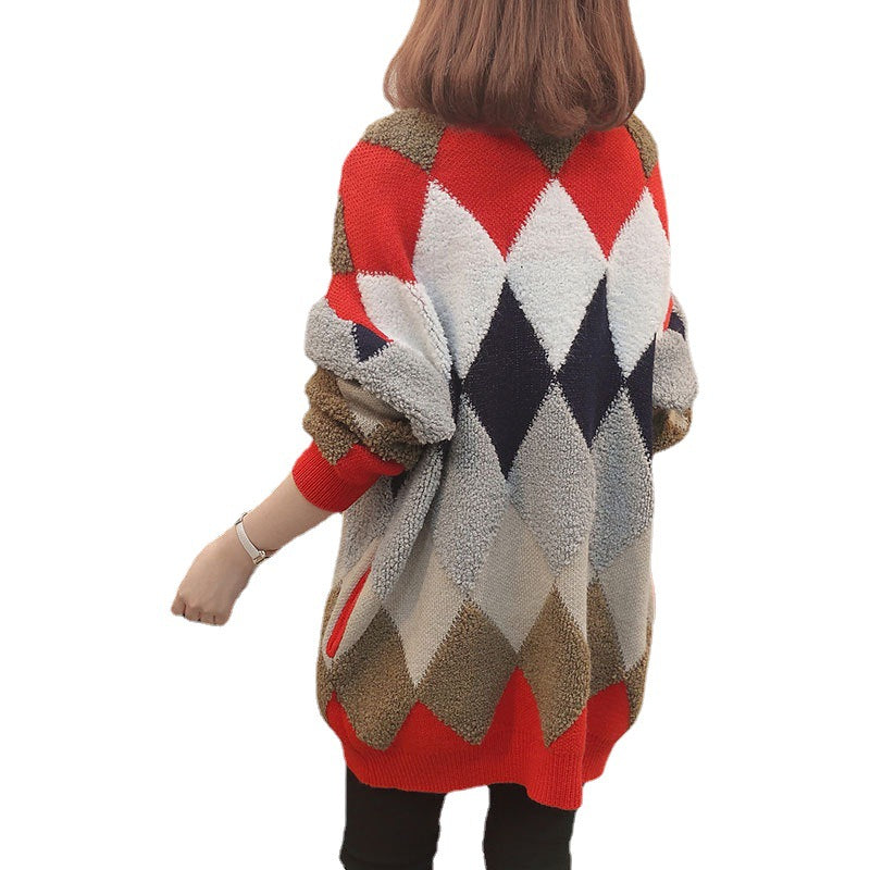 Damen Strickjacke mit geometrischem Muster und großen Knöpfen WW
