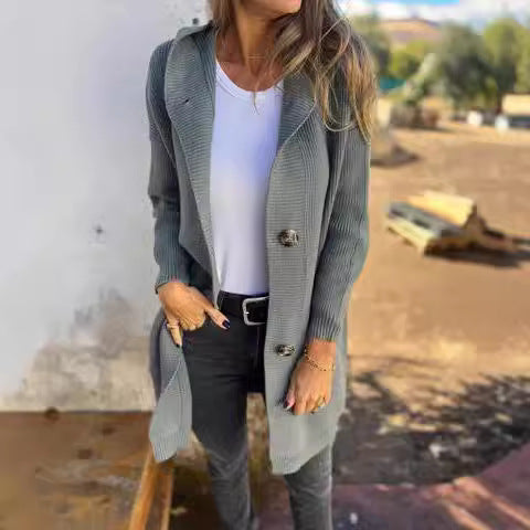 Damen Strickjacke mit Kapuze und Knöpfen WW