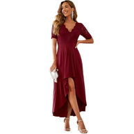 Damen elegantes Abendkleid mit tiefem V-Ausschnitt und gerafftem Rocksaum WW