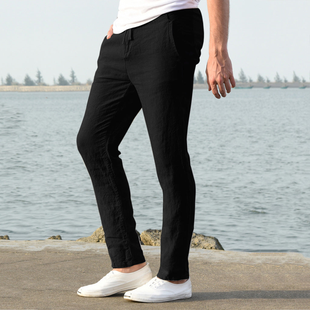 Herren lässige Leinenhose mit elastischem Bund und seitlichen Taschen W&W Mode