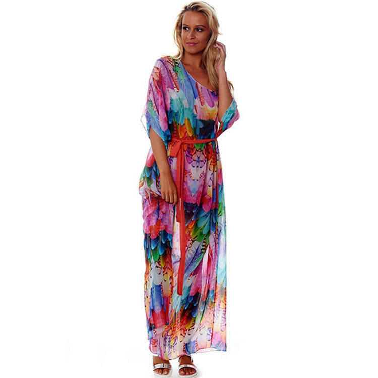 Damen Strandkaftan mit buntem Federdesign und luftigem Schnitt W&W Mode