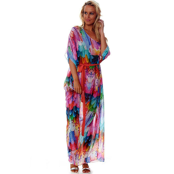 Damen Strandkaftan mit buntem Federdesign und luftigem Schnitt W&W Mode