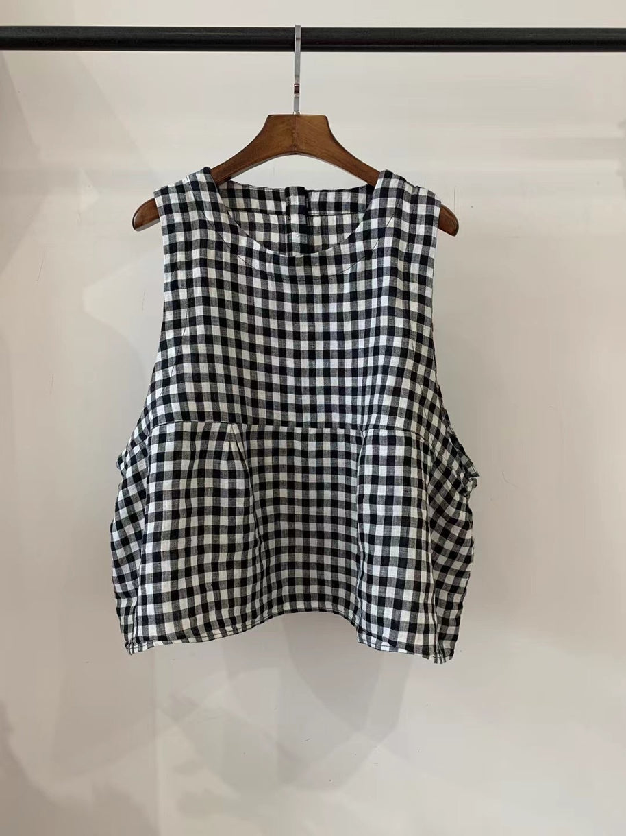 Damen Relaxed Fit Ärmelloses Leinenoberteil mit Seitentaschen WW