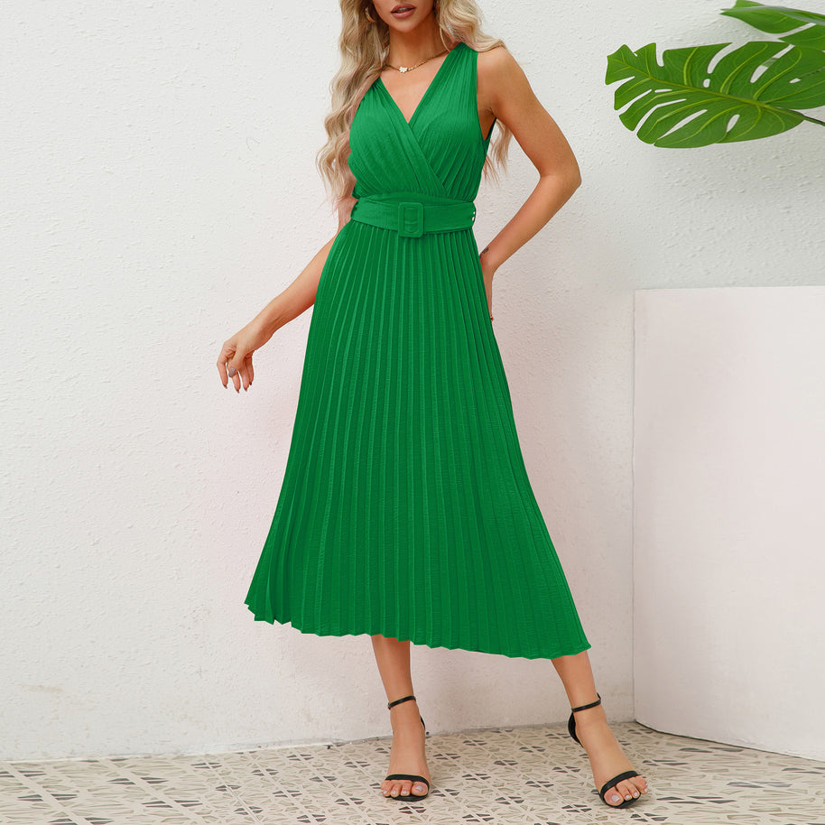Damen Plissee Maxikleid mit taillierbarem Gürtel und elegantem V-Ausschnitt WW