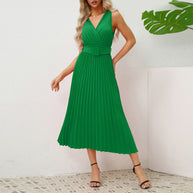 Damen Plissee Maxikleid mit taillierbarem Gürtel und elegantem V-Ausschnitt WW