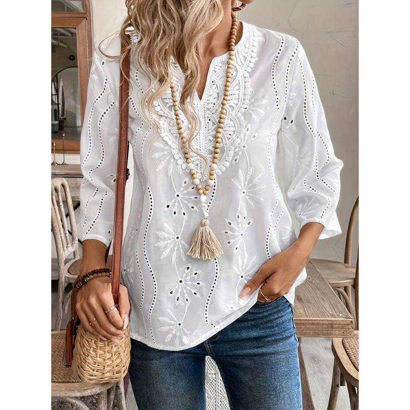 Damen bestickte Bohemian Bluse mit Dreiviertelärmeln WW