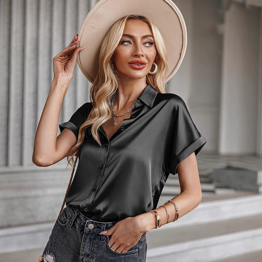 Damen Satin-Bluse mit überschnittenen Schultern WW
