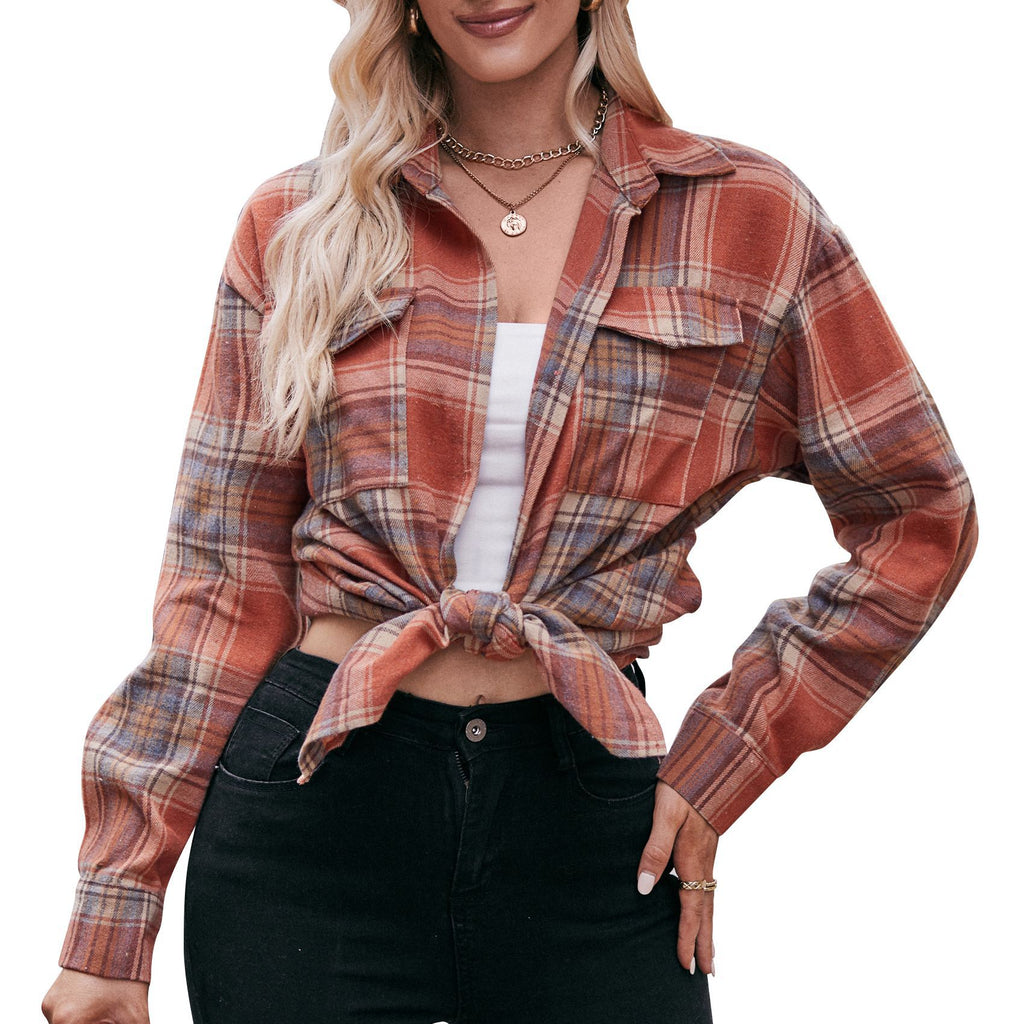 Damen kariertes Hemd mit knopfbarem Frontdesign und lässigem Knoten-Detail WW