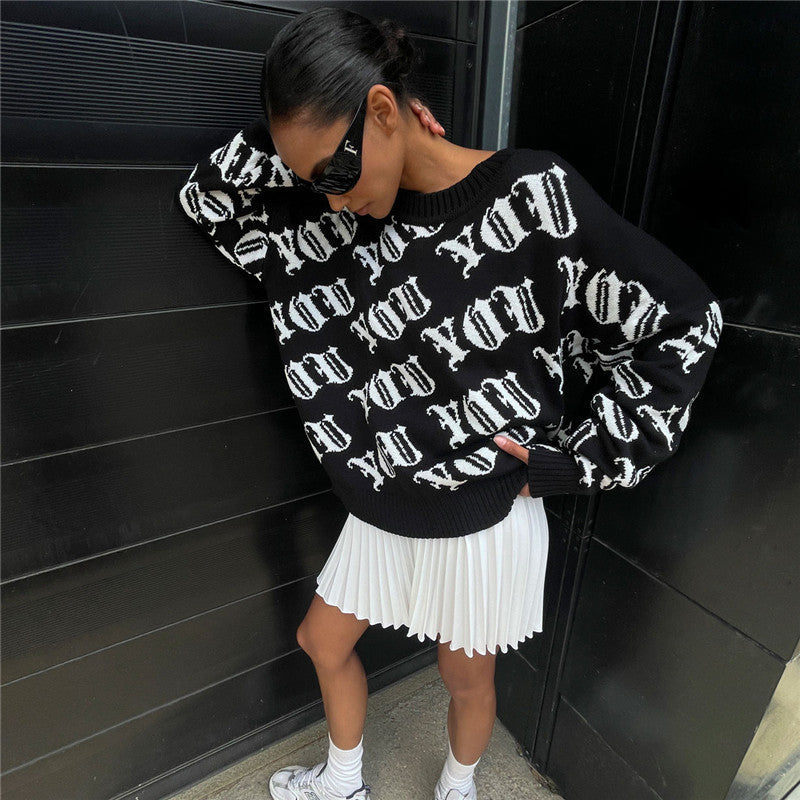 Damen lässiger Strickpullover mit modernem Schriftzug und weitem Schnitt W&W Mode