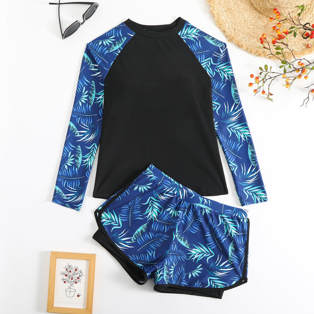 W&W | Langarm Print Spleißen Doppelhose Tankini Badeanzug