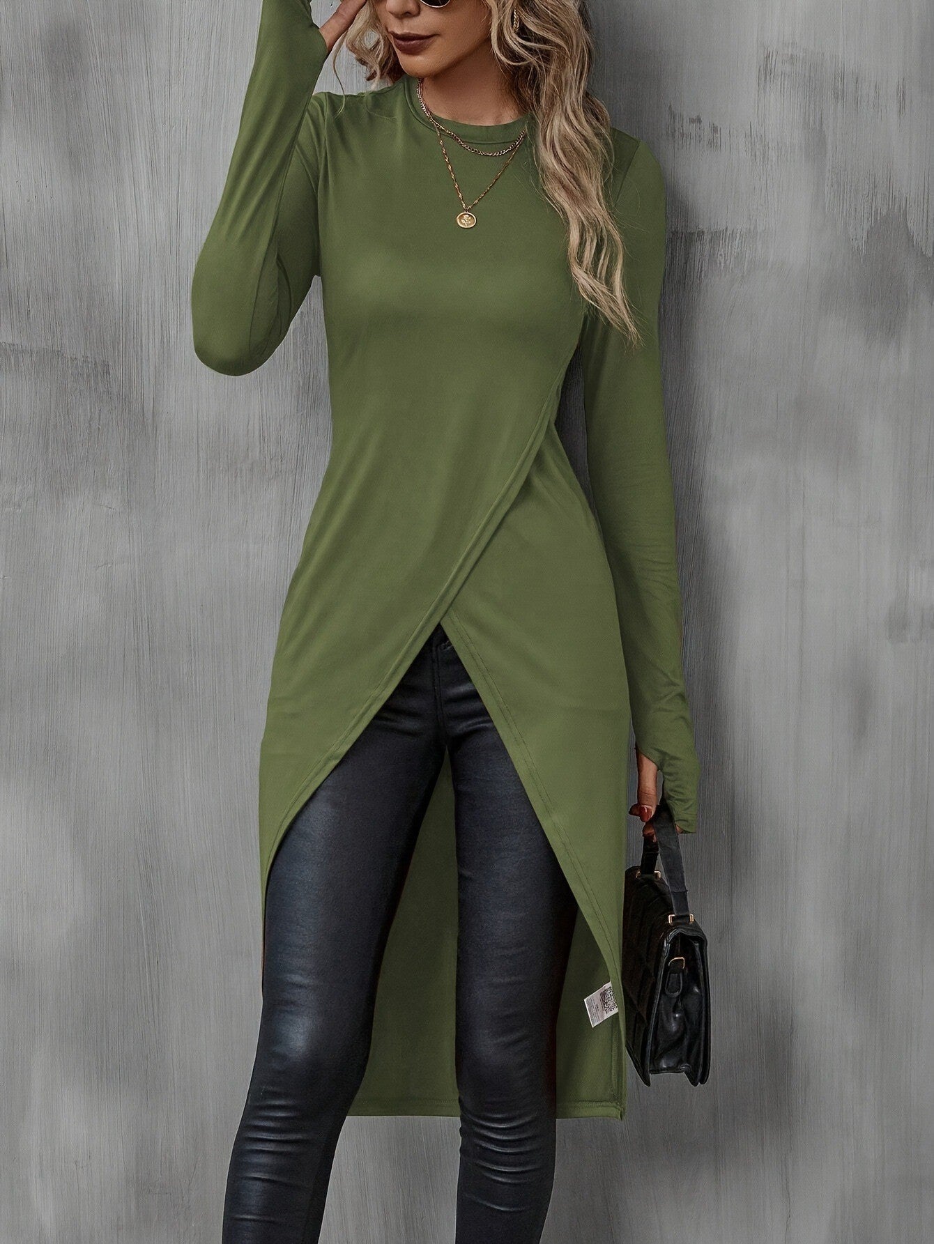 Damen asymmetrisches Longshirt mit eleganter Wickeloptik WW