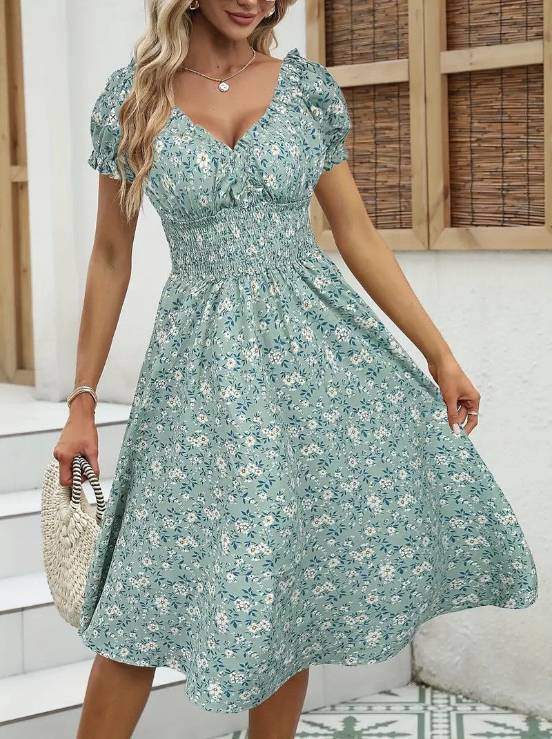 Damen Floral Midi-Kleid mit elastischem Bund und Puffärmeln WW