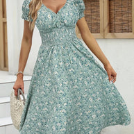 Damen Floral Midi-Kleid mit elastischem Bund und Puffärmeln WW