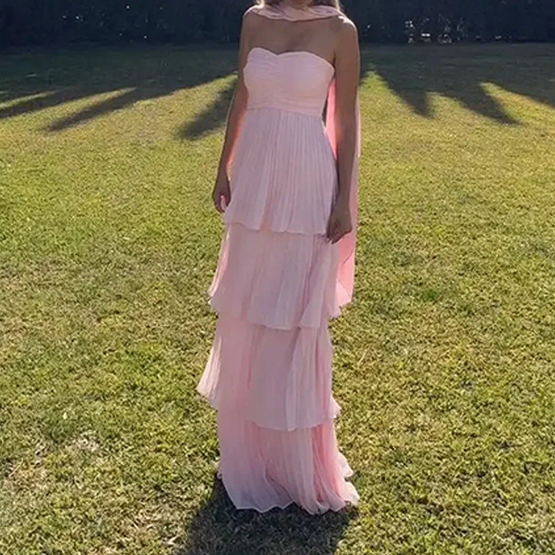 Damen Bodenlanges Rüschen-Maxikleid mit schulterfreiem Schnitt und fließendem Material W&W Mode