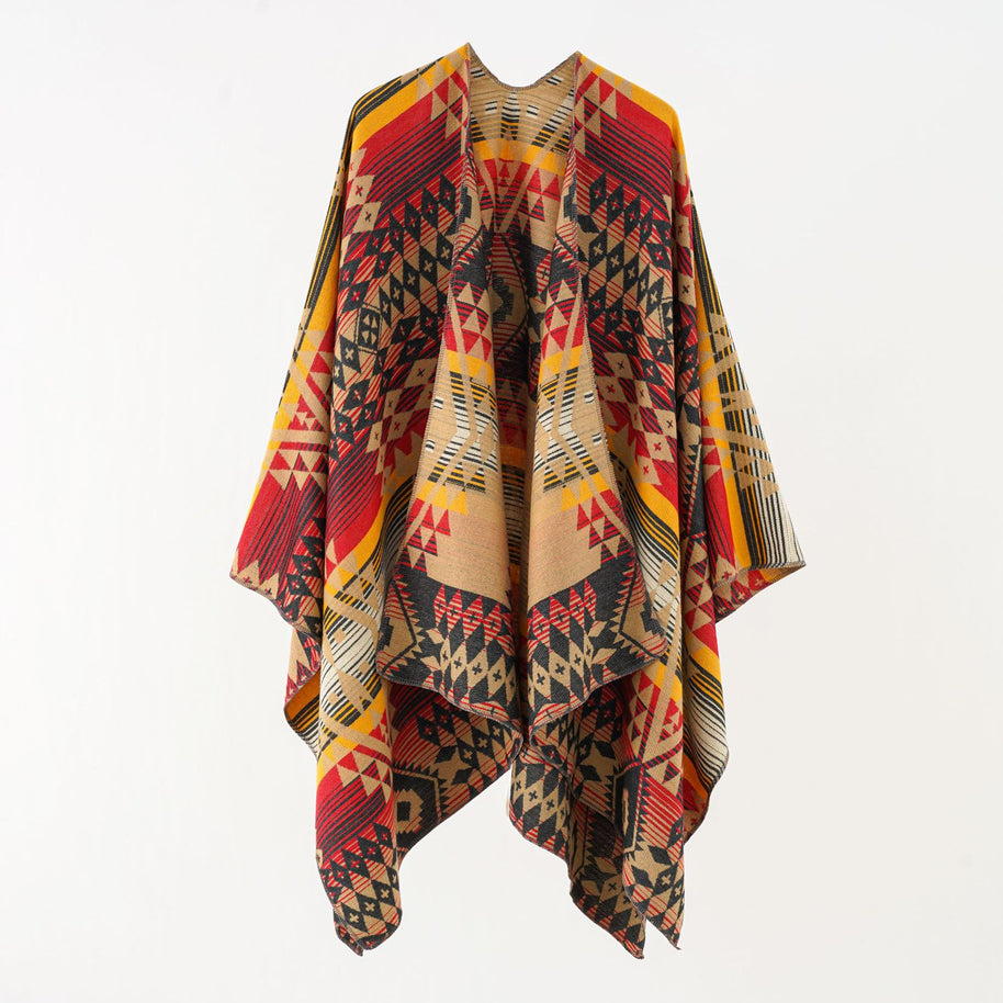 Damen Geometrischer Überwurfponcho mit warmem Material und trendiger Musterung WW