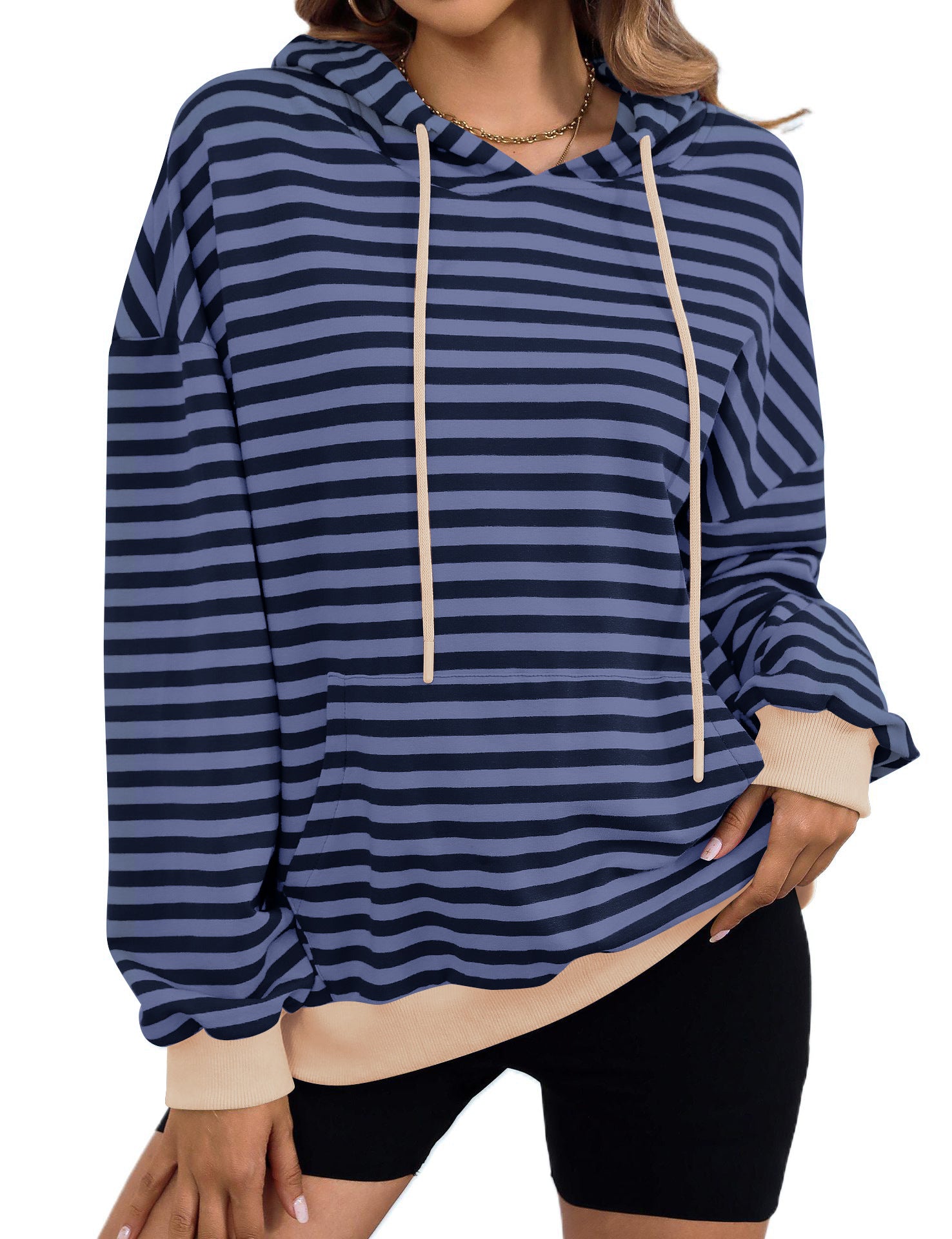 Damen gestreifter Kapuzenpullover mit stylischer Kängurutasche WW