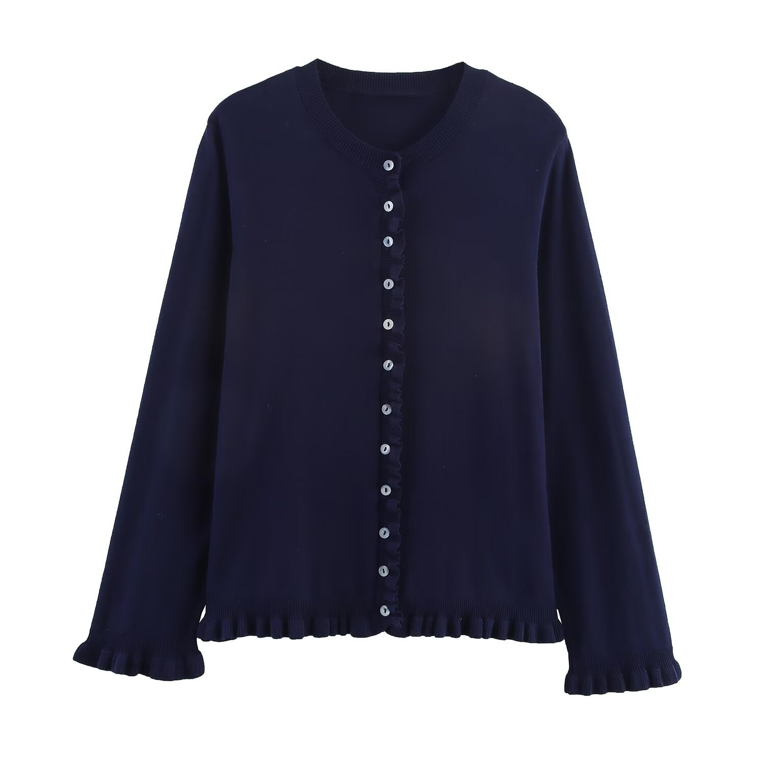 Damen Strickjacke mit dezentem Rüschendetail und hochwertigen Knopfverzierungen WW