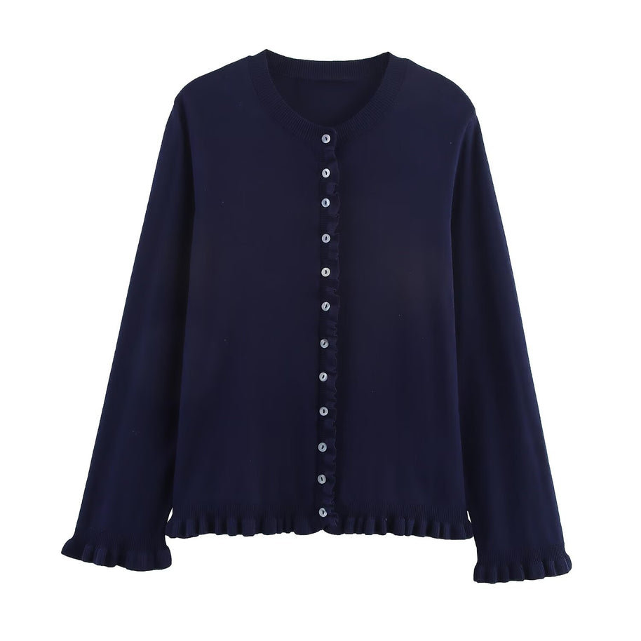 Damen Strickjacke mit dezentem Rüschendetail und hochwertigen Knopfverzierungen WW