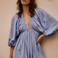 Damen Sommerliches Minikleid mit Puffärmeln und V-Ausschnitt WW