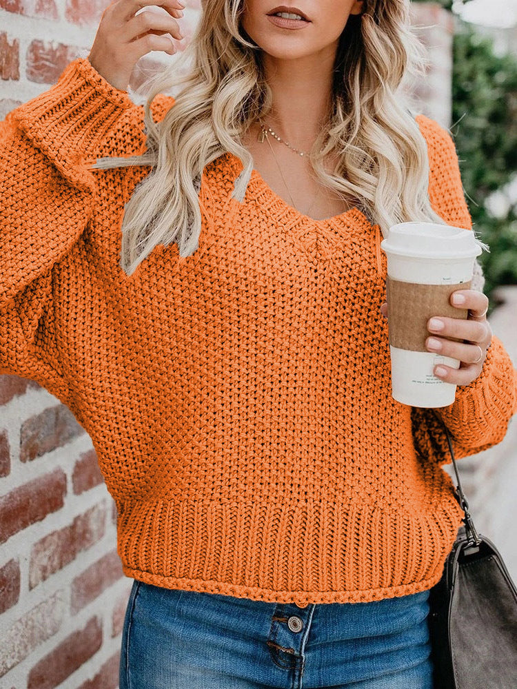 Damen Grobstrickpullover mit tiefem V-Ausschnitt und lockerer Passform WW