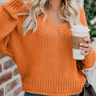 Damen Grobstrickpullover mit tiefem V-Ausschnitt und lockerer Passform WW