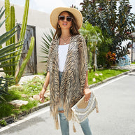 Damen Eleganter Fransen-Poncho mit Leopardenmotiv WW