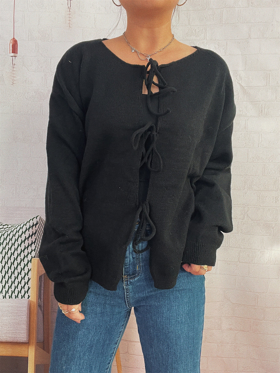 Damen Strickjacke mit dekorativem Schnürdesign und weitem Schnitt WW