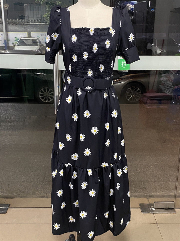 W&W Mode | Bedrucktes, taillenbetontes U-Ausschnitt Elegantes Kleid
