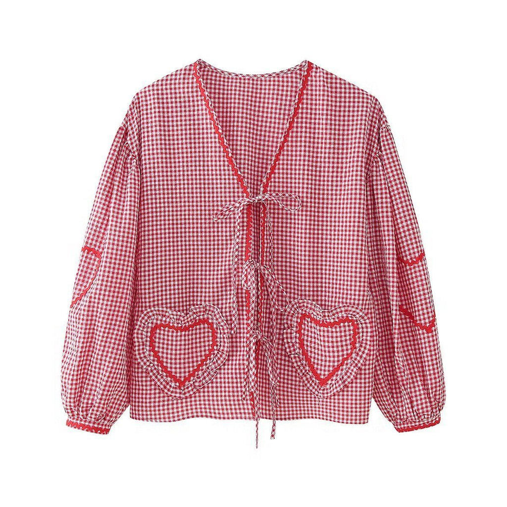 WW | Karierte Herzdrüsen Ribbon Shirt Stylisches Leichtes Top Für Ganzjährige Trageweise