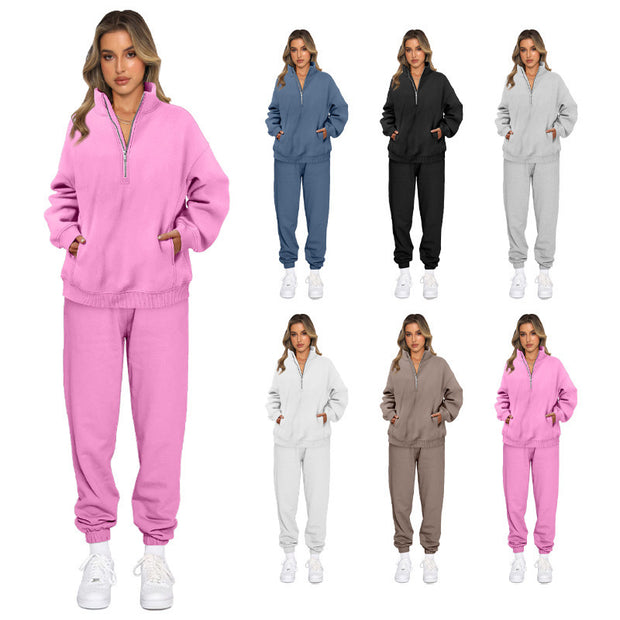 Damen sportliches Freizeit-Set mit hohem Kragen und praktischen Taschen WW