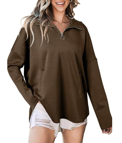 Damen lässiger Oversized Pullover mit halben Reißverschluss und Seitentaschen WW