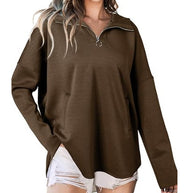 Damen lässiger Oversized Pullover mit halben Reißverschluss und Seitentaschen WW