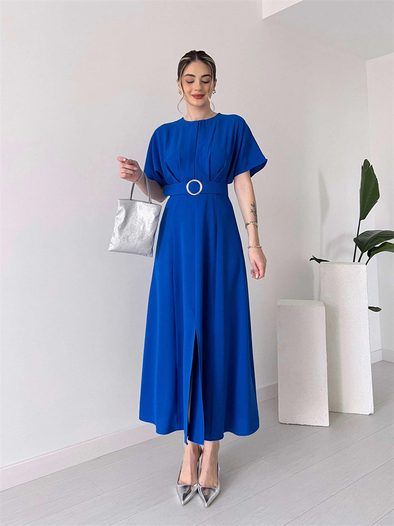 Damen Maxikleid mit Taillengürtel und puffärmeln WW