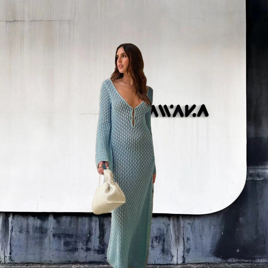 Damen Strick-Maxikleid mit tiefem V-Ausschnitt und modischen Rüschendetails WW