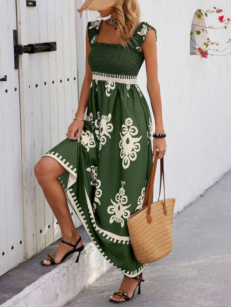 Damen Maxikleid mit floralem Ikat-Muster und schwingendem Rock WW