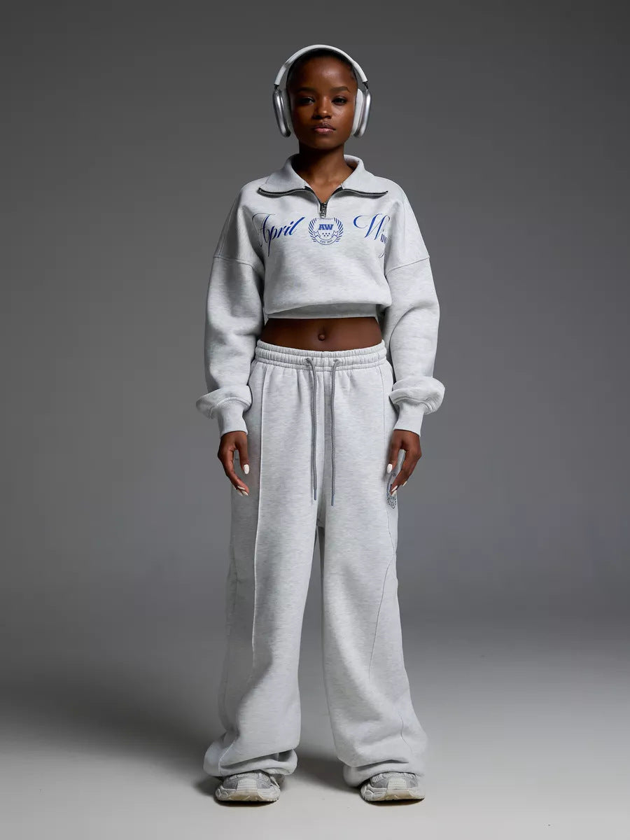 Damen Sportliches Cropped Sweatshirt und lässige Freizeithose Set WW