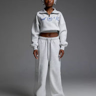 Damen Sportliches Cropped Sweatshirt und lässige Freizeithose Set WW