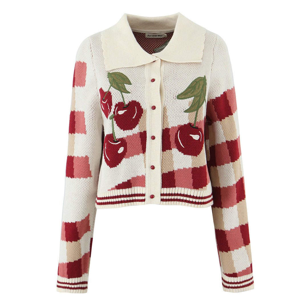 Damen verspielte Cropped Strickjacke mit floralem Kirschmuster W&W Mode