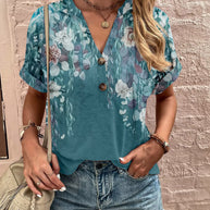 Damen Kurzarm Bluse mit dekorativem Musterdruck und knöpfbarem Ausschnitt WW
